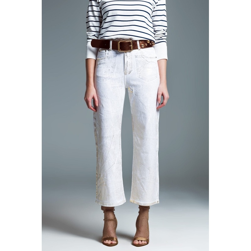 White Wide Leg Jeans With Metallic Finish In Gold