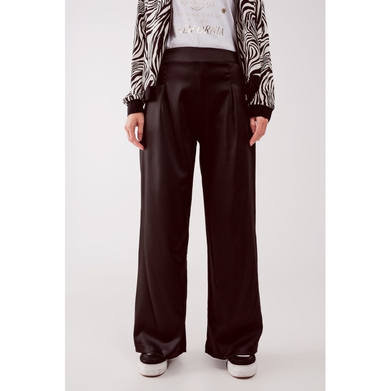 Wide Leg Satin Pants In Black