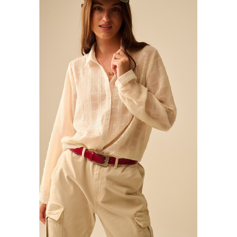 Beige Chiffon Shirt With Sequin Detail