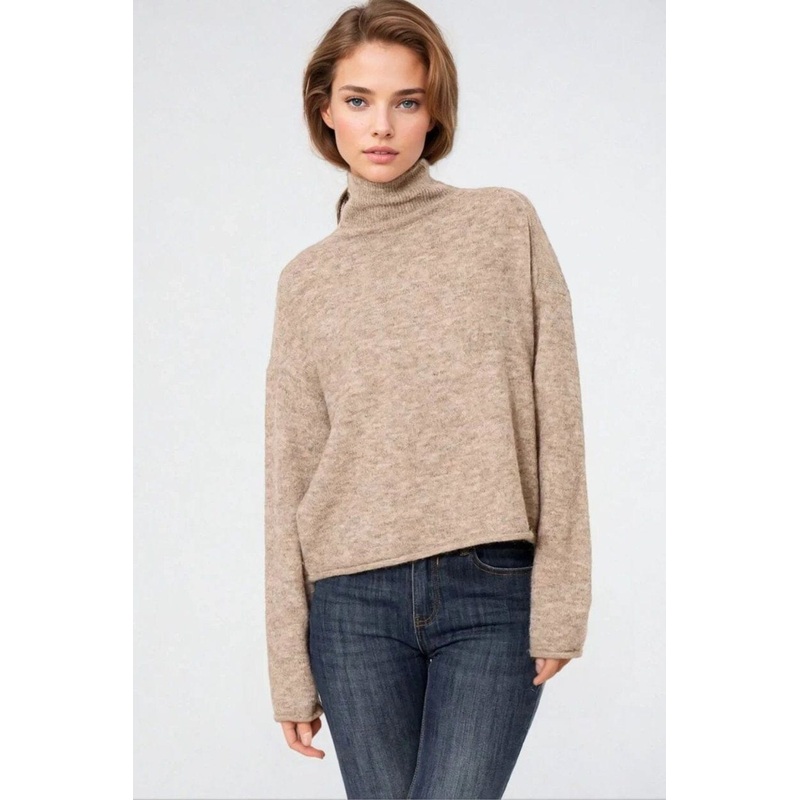 Beige Fluffy High Neck Relax Fit Sweater
