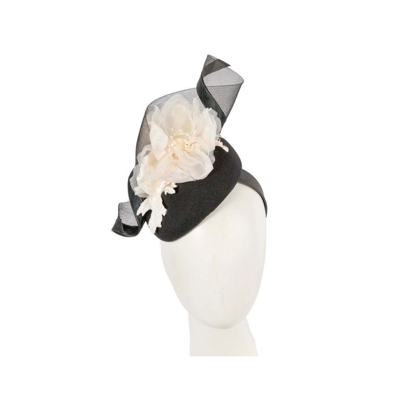 Black winter pillbox fascinator with white flower