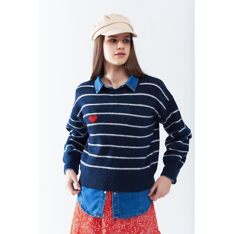 Blue Striped Sweater With Red Heart Detail