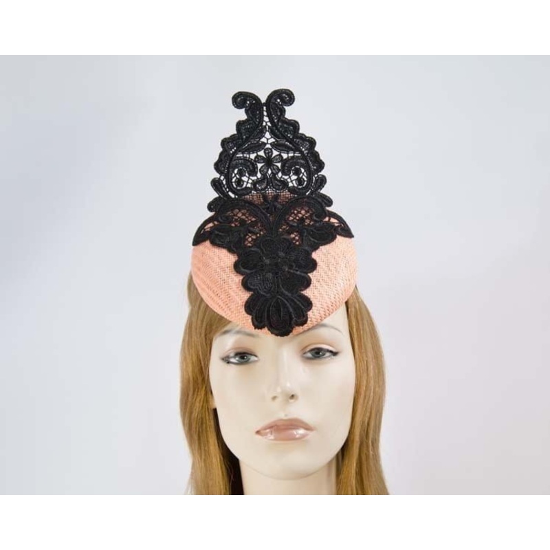 Coral pillbox fascinator hat with lace for Melbourne Cup races