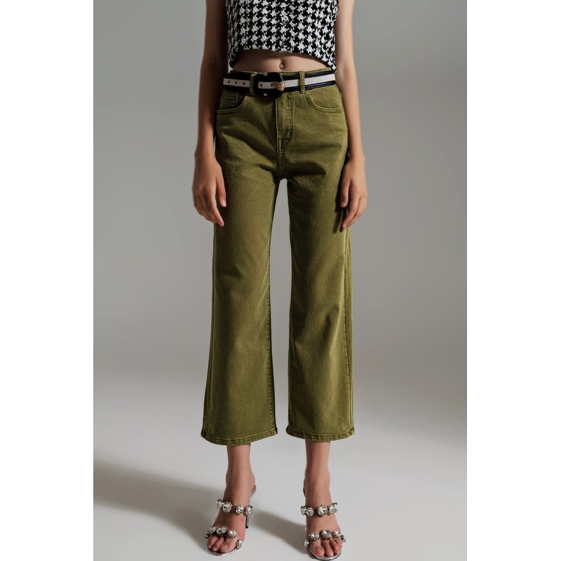 Cropped Wide Leg Jeans In Olive Green