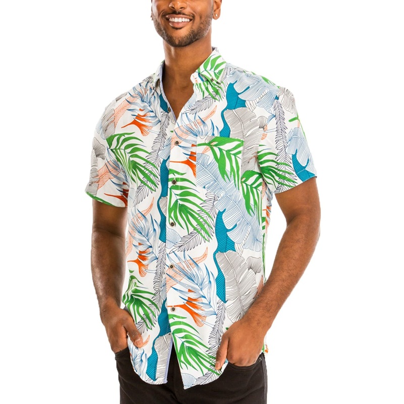 Digital Print Hawaiian Short Sleeve Shirt – Green, Turquoise, & Orange Tropical Print