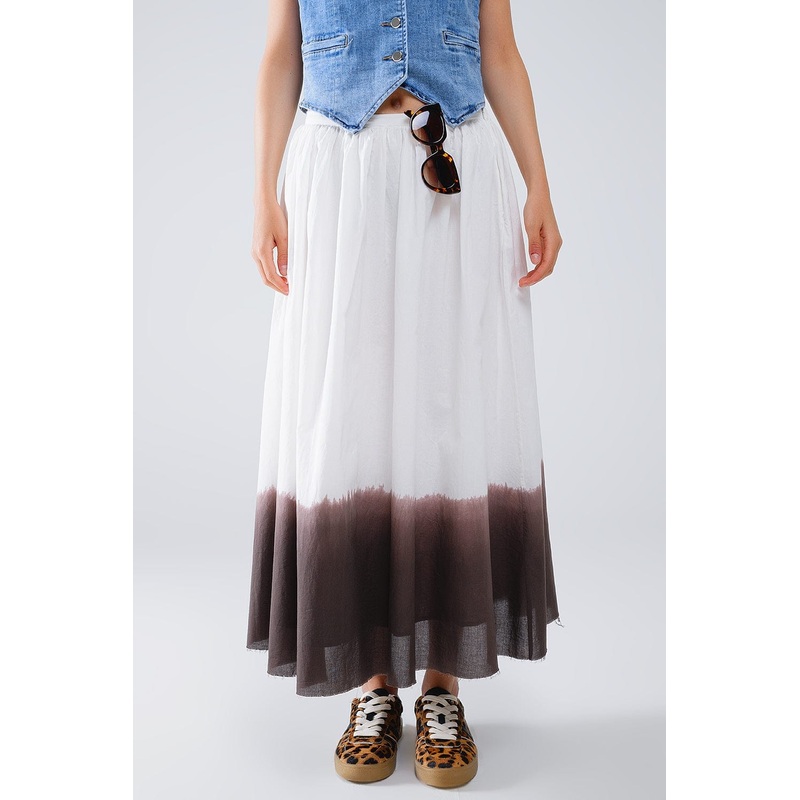 Flowy Drop Waist White Skirt With Brown Ombre Detail