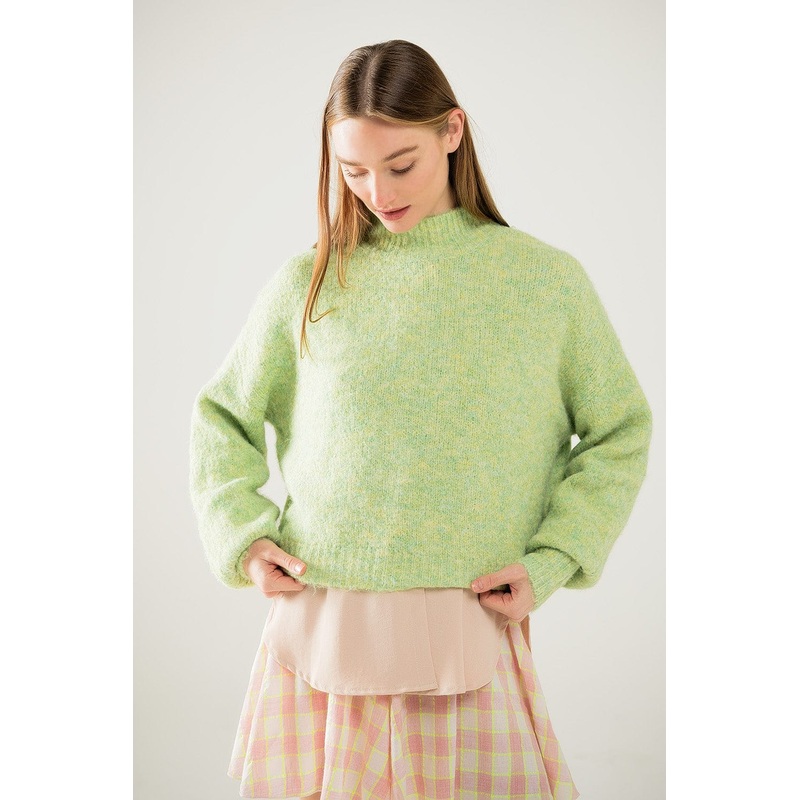 Fluffy Light Green Sweater With High Neck And Balloon Sleeves