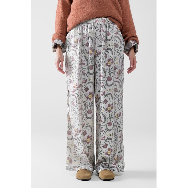 Gray Flower Printed Satin Pants