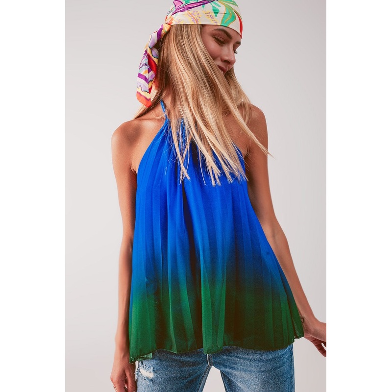 High Neck Pleat Top In Blue Ombre