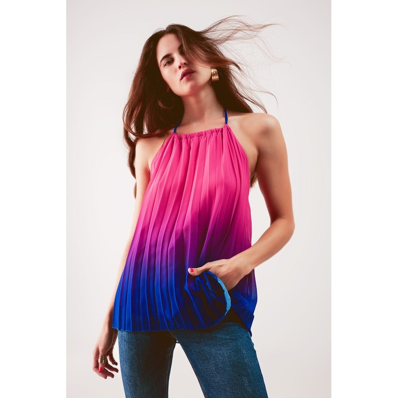 High Neck Pleat Top In Fuchsia Ombre