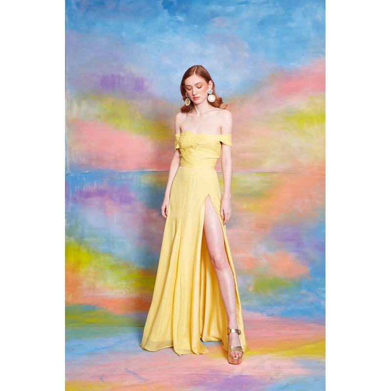 Lavanya Coodly Women’s Francesca Off The Shoulder Floor Length Dress with High Slit in Daffodil