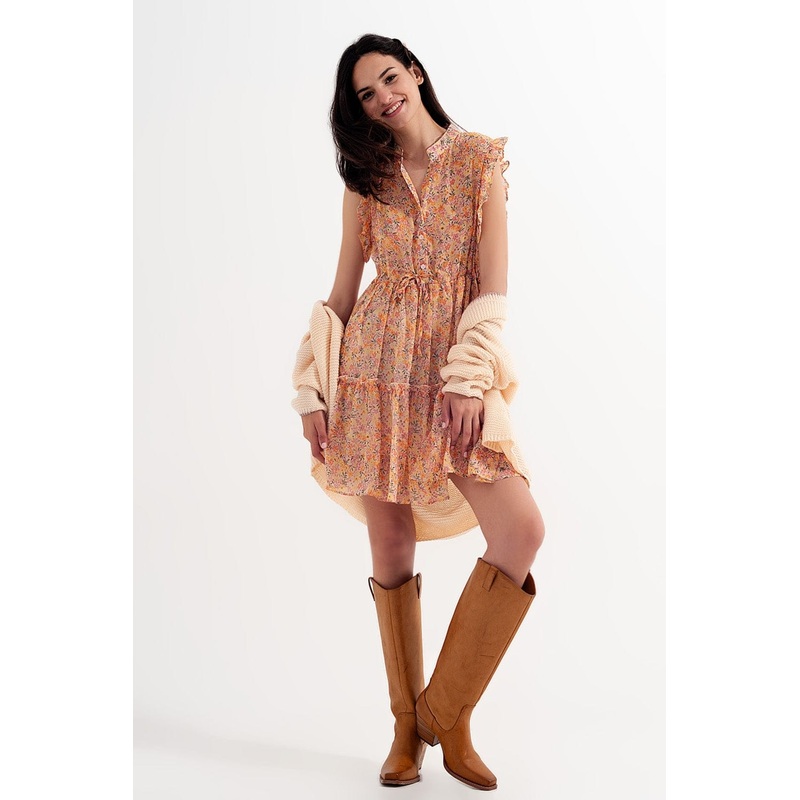 Mini Dress With Ruffle Trims In Vintage Floral In Coral