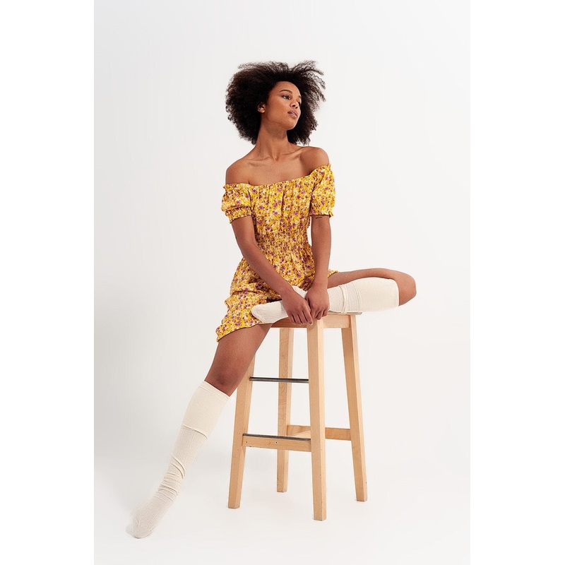 Mini Dress With Shirred Detail In Yellow Ditsy Floral Print