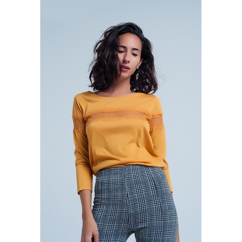 Mustard 3/4 Sleeve T-Shirt With Eyelash Trim