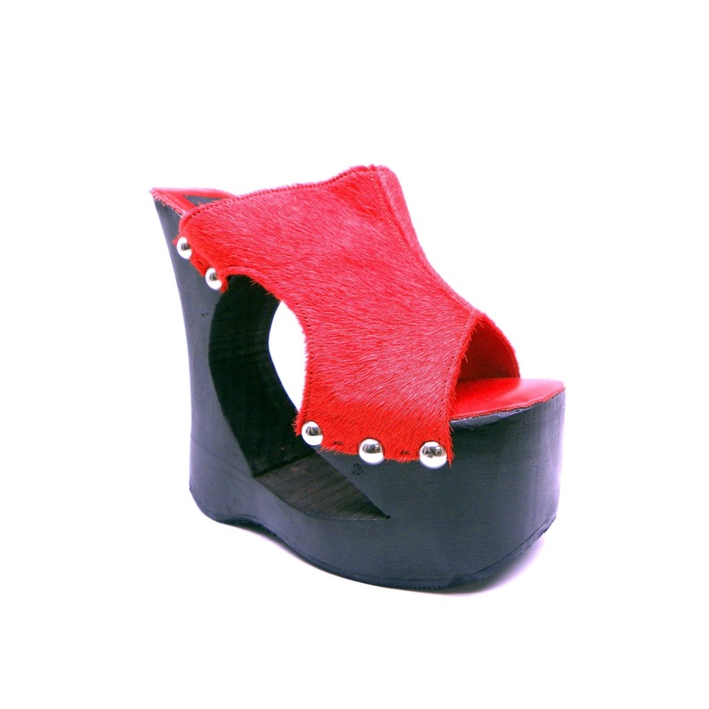 N.Y.L.A. Shoes Hellie Women’s Red Leather Platform Clogs with Black Wood Platform