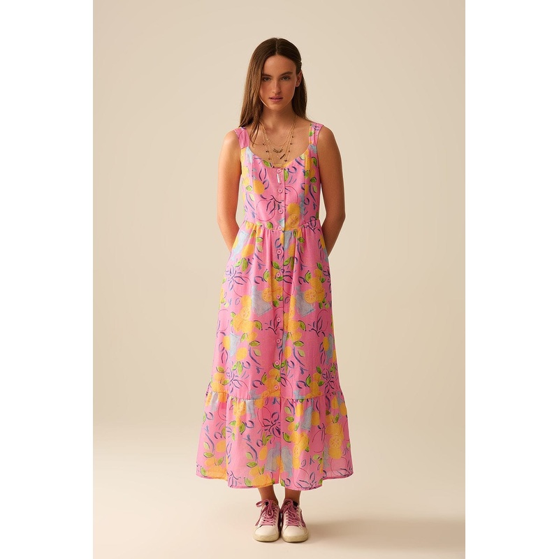 Pink Sleeveless Maxi Dress With Lemon Print