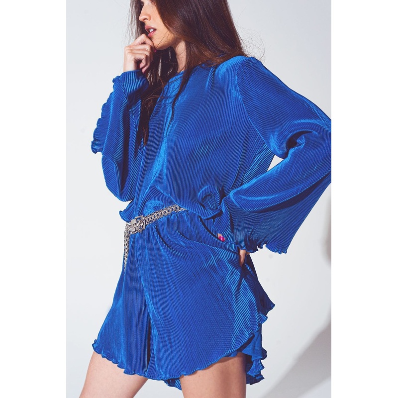 Pleated Round Neck Crop Top In Blue