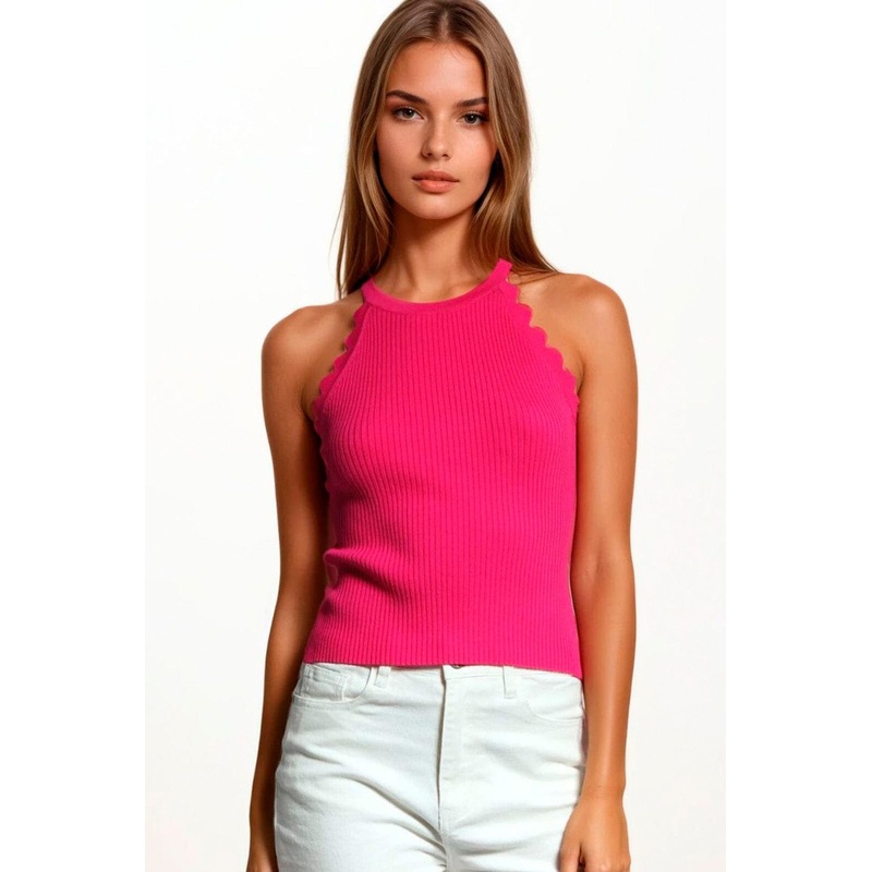 Ribbed Halter Top With Scalloped Finish In Fuchsia