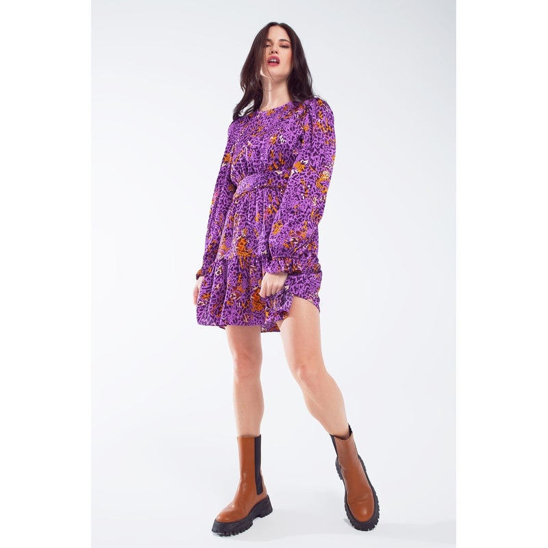 Short Printed Dress With Tiered Skirt And Ruffled Cuff In Purple