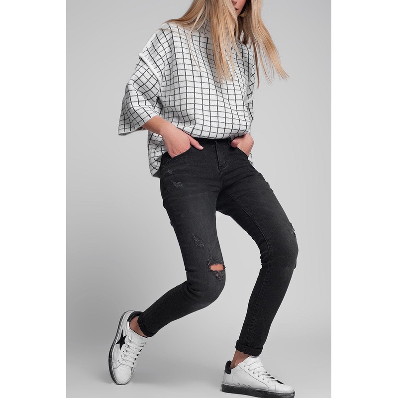 Skinny Ripped Jeans In Washed Black