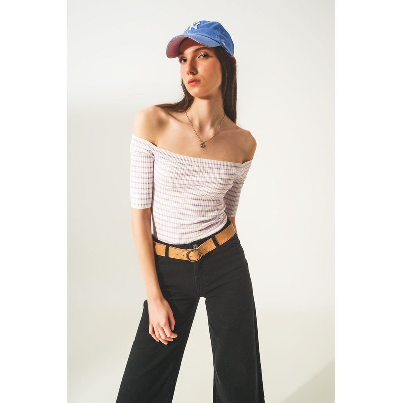 Stripe Bardot Top In Lilac