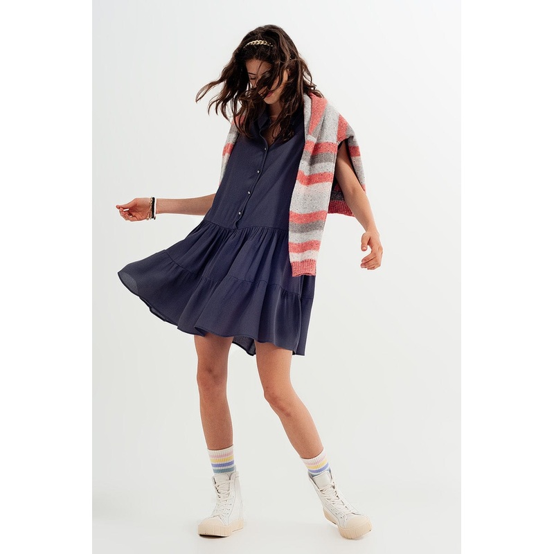 Tiered Hem Shirt Dress In Grey