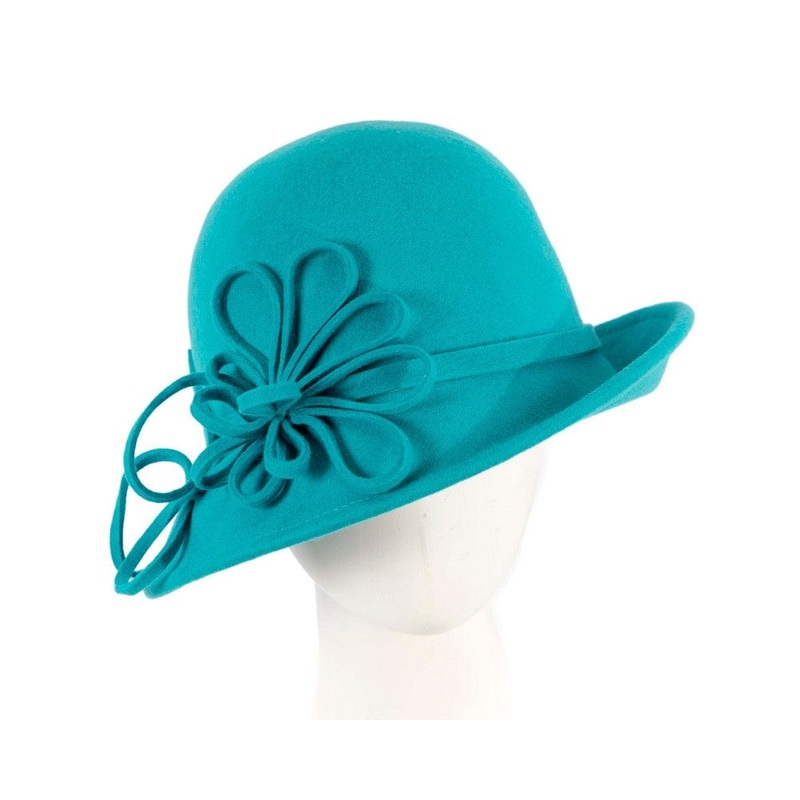 Turquoise felt winter hat with flower by Max Alexander