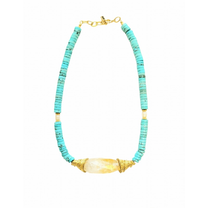Valia 16-18″ Turquoise Statement Necklace with Pearls & Faceted Citrine