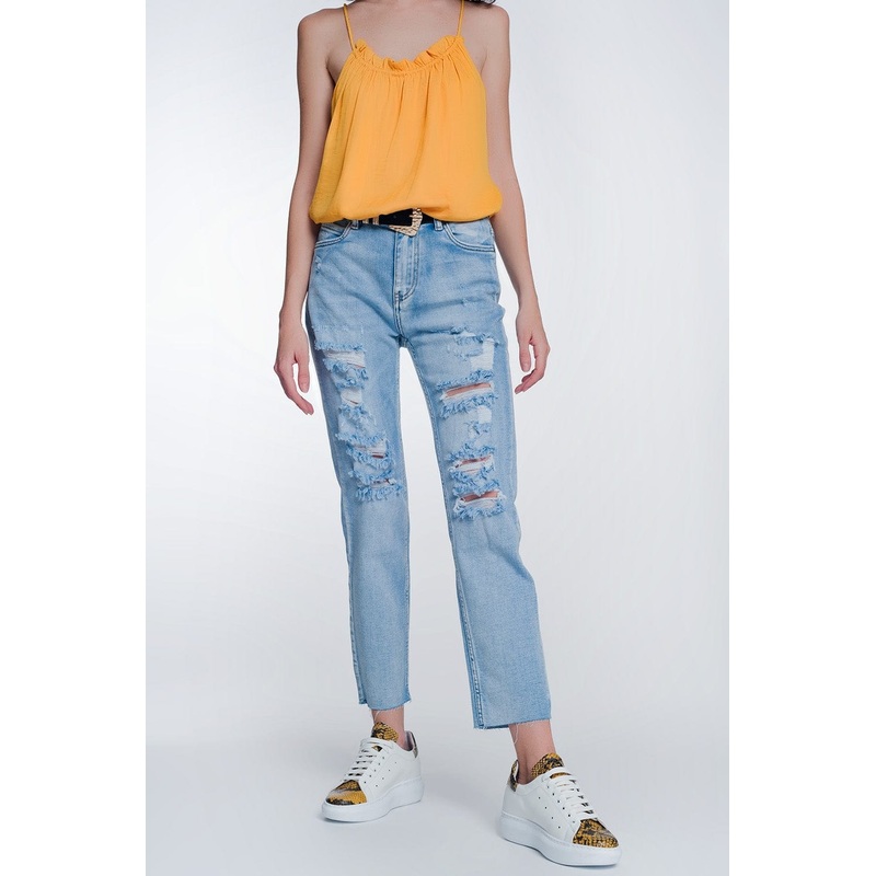 Wide Leg Cropped Raw Hem Jeans In Blue Colour