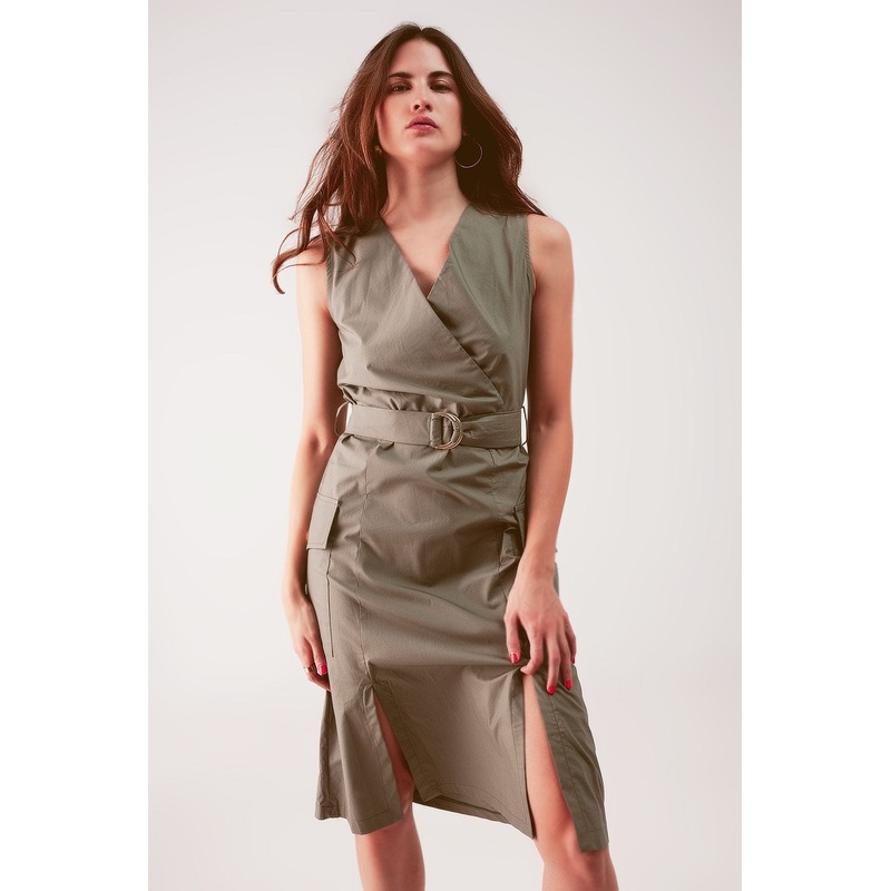 Wrap Dress With Tie Waist Detail In Khaki