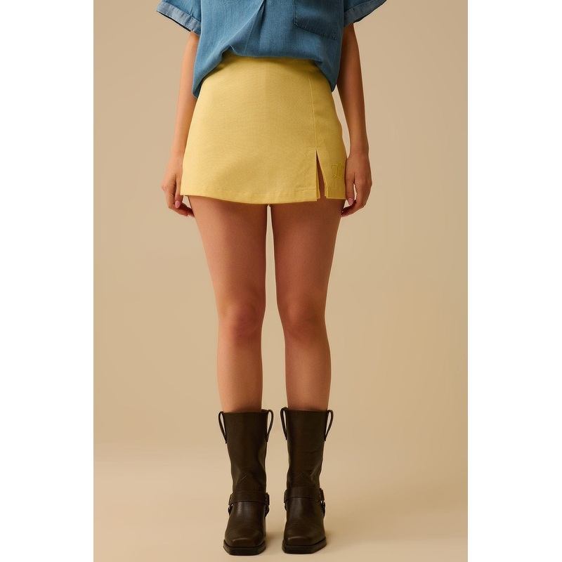 Yellow Mini Skort With Side Slit And Embroidered Love Amour Passion Logo