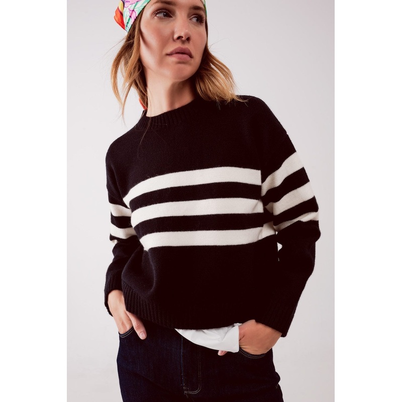 2 In 1 Striped Sweater With Shirt Underlay In Black