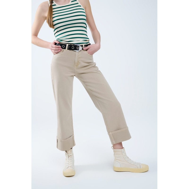 Beige Straight Leg Pants With Cropped Hem