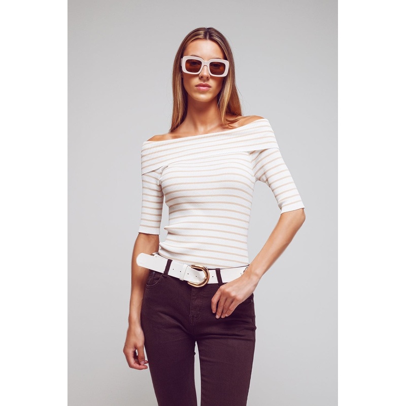 Boatneck Striped 3/4 Sleeve Shirt In Beige