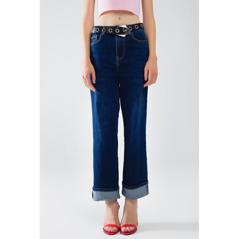 Dark Blue Denim Straight Jeans With Folded Hem