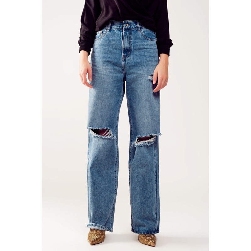 Distressed Straight Leg Jean In Medium Denim