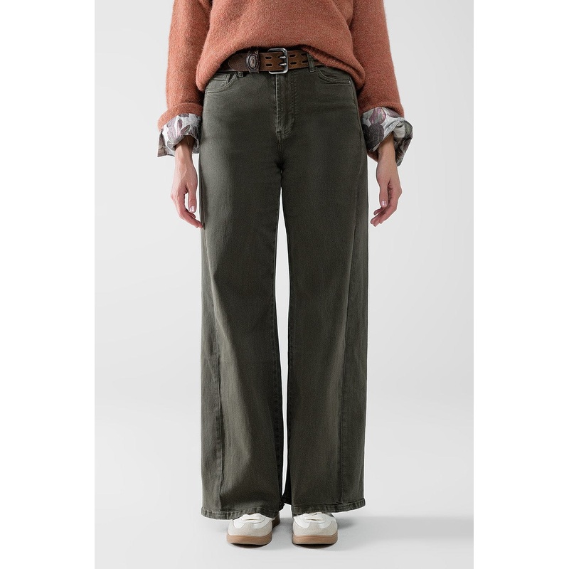 Extra Wide Leg Pants In Olive Green Color