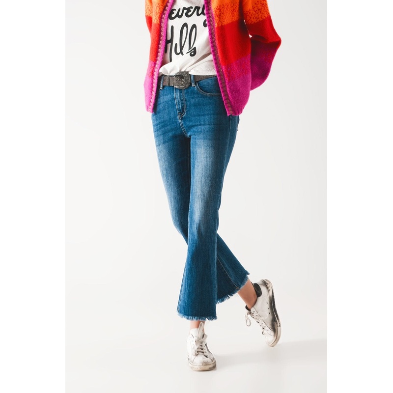 Flared Jeans With Raw Edge In Mid Wash