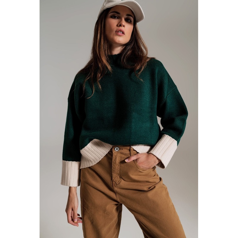 Green Jumper With White Ribbed Cuffs And Hem