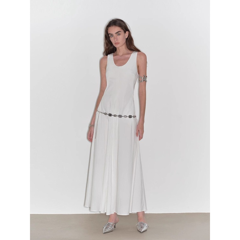 “Lake Bled” Simple and Slim Texture U-Neck A-Line Slim Fit Vest Dress