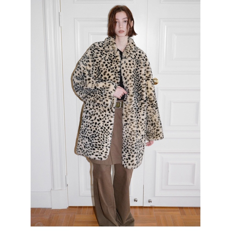 “Leopard Print Sniper” Imported Merino Sheepskin Fashionable Off-Shoulder Slim Mid-Length Fur Coat