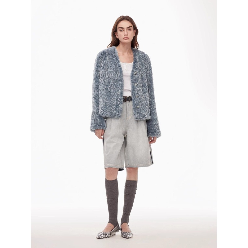 “Masked Denim” Fashionable Lazy Hand-Dyed V-Neck H-Shaped Short Woven Rex Rabbit Fur Coat