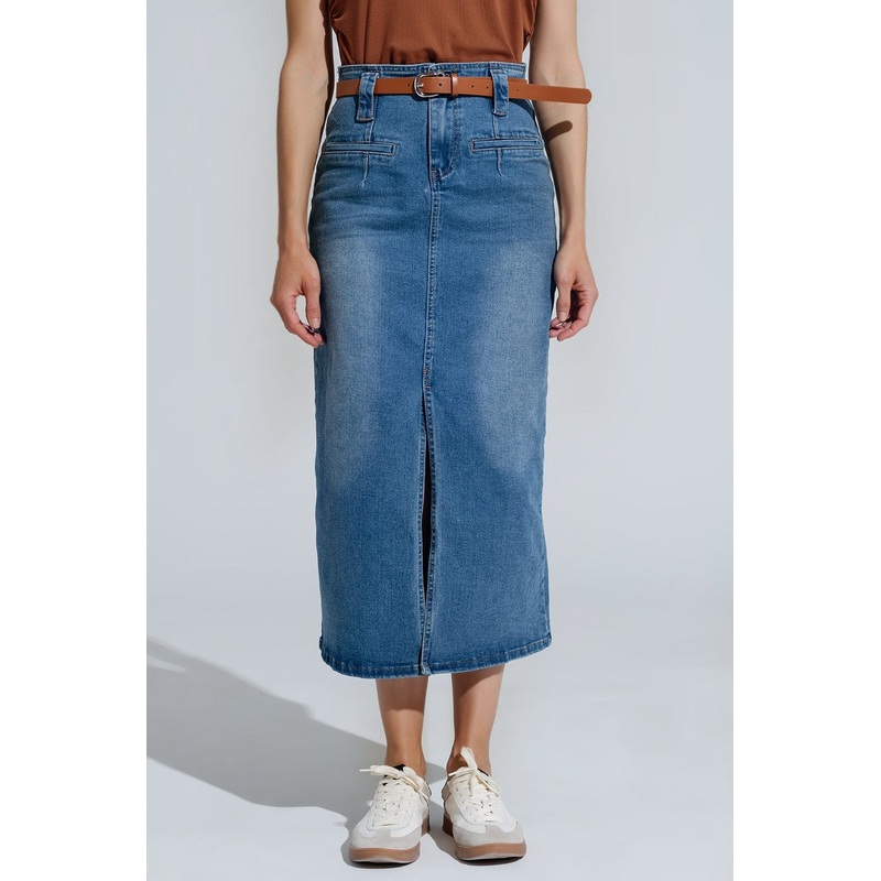 Midi Denim Skirt In Blue With Front Split