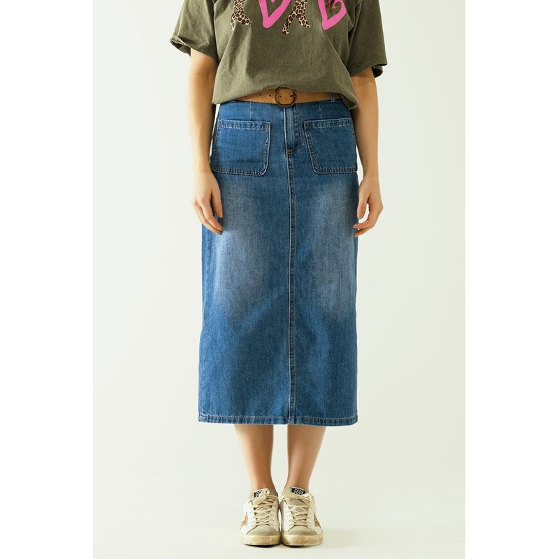 Midi Denim Skirt With Front Pockets