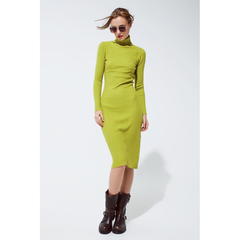Midi Dress In Green With Turtle Neck