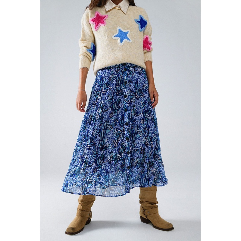 Midi Pleated Skirt In Blue Abstract Print With Button Placket