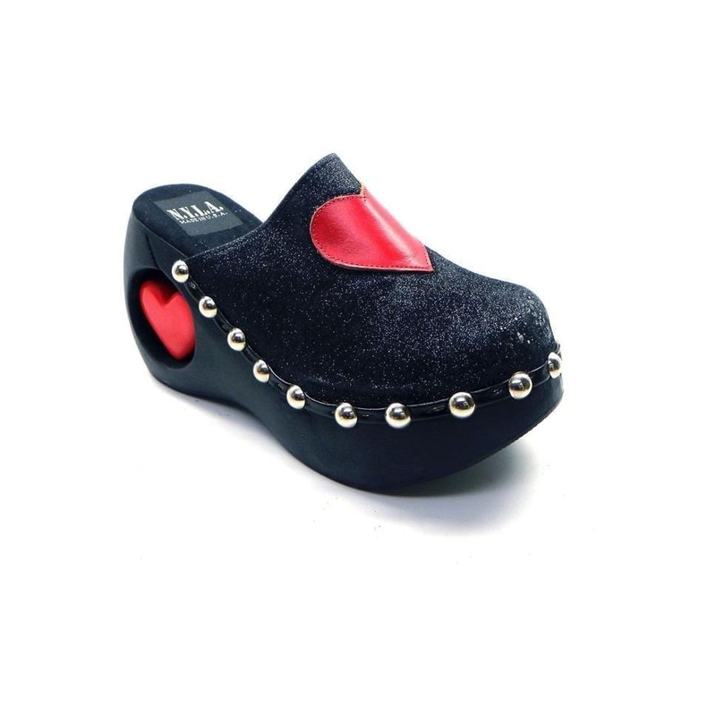N.Y.L.A. Shoes Hearthrob Women’s Black Glitter Clogs with Heart Detail and Genuine Lumber Heel