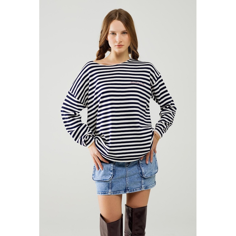 Navy Blue Striped Fine Knit Sweater With Boat Neck
