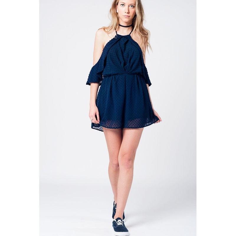 Navy Plumeti Cold-Shoulder Lightweight Romper