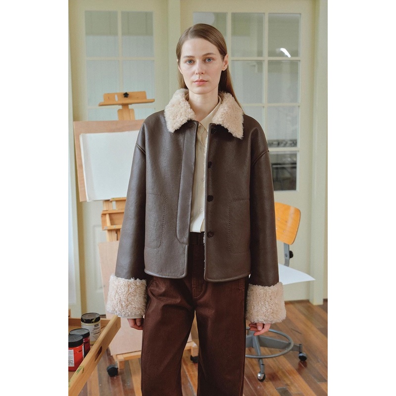 “Slightly Sweet Latte Second Generation” Furry Lapel Wool Artificial Compound Leather Casual Straight Shearling Jacket
